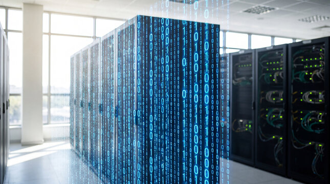 High tech server room with rows of rack cabinets and cascading blue binary code overlay conveying data flow and digital infrastructure energy and efficiency