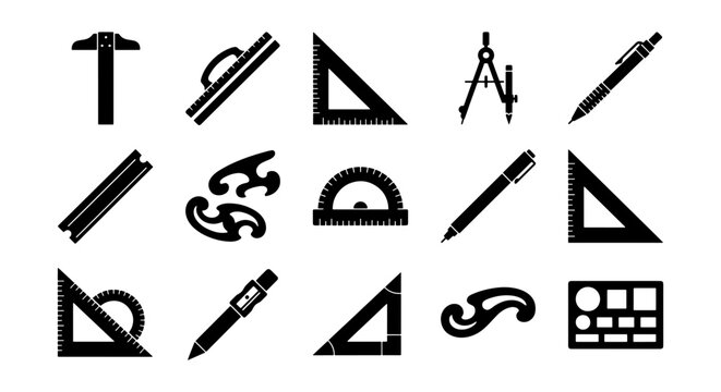 Drafting tools icon set, 15 professional architectural drawing equipment silhouettes, technical engineering measurement instruments for blueprints