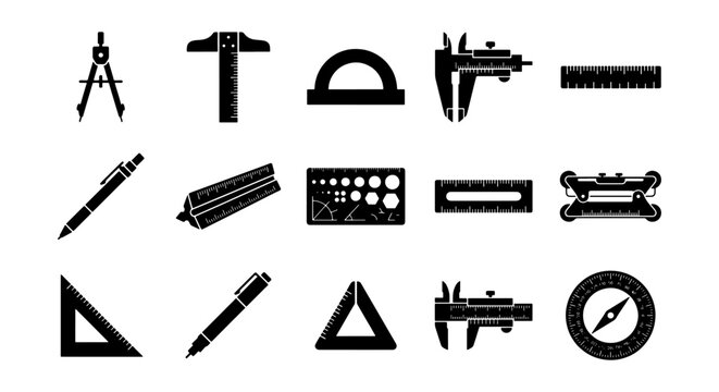 Technical drawing tools icon set, 15 black silhouette engineering equipment vectors, drafting and measurement instruments for architecture projects