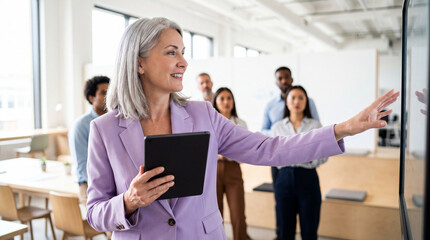 Fototapeta premium Experienced female executive in lavender blazer leading diverse team presentation with tablet in modern office, confident and engaged while pointing at screen