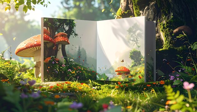 Open book with vibrant mushroom and forest scenes sits in a lush meadow bathed in sunlight