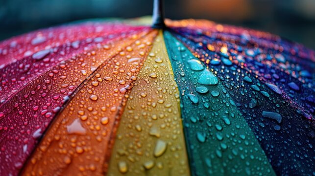 Multicolored umbrella covered in water drops. Close up of vibrant rainbow stripes during a rainy day. Weather concept, protection from rainfall and outdoor autumn season aesthetic.