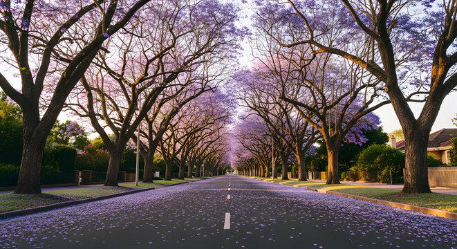 Vibrant purple jacaranda trees line a quiet suburban street in full bloom, creating a magical canopy.