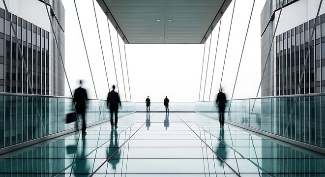 Silhouettes of business people walking on a modern glass skywalk connecting contemporary office buildings with bright natural light.
