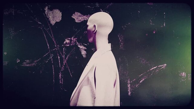 Spinning stop motion style mannequin with a flickering noisy grunge film effect.