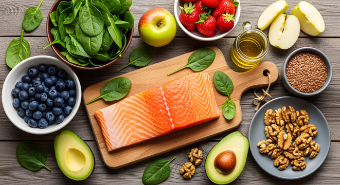 Fresh salmon fillet surrounded by healthy ingredients like berries, avocado, nuts, and greens on a wooden table.