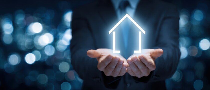 The house hologram protected by businessman hands representing modern real estate investment security