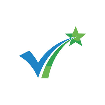 A stylized checkmark and star symbol in green and blue hues