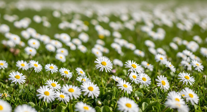 Vibrant field of white daisies blooming in lush green grass under bright sunlight.