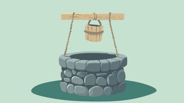 A cartoon well with a bucket and rope, constructed of stone, and a wooden beam