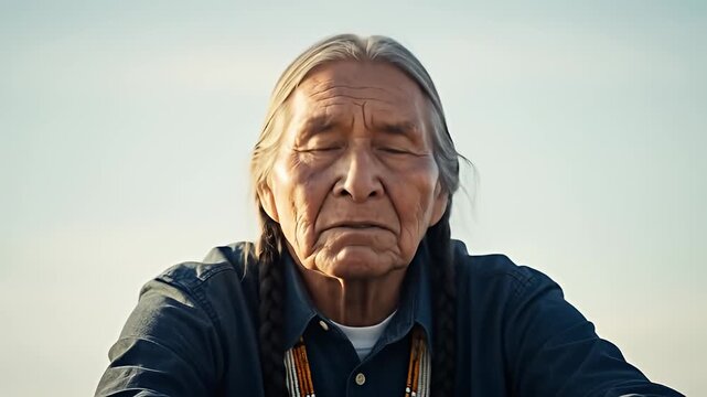 Portrait of an Indigenous elder with braided hair and eyes closed against the sky
