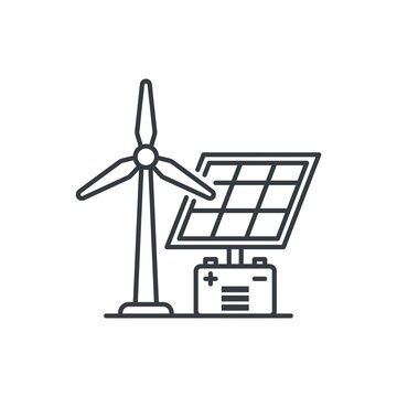 wind turbine with a solar panel and a battery, representing renewable energy, green power, and storage. Clean outline, white background, scalable