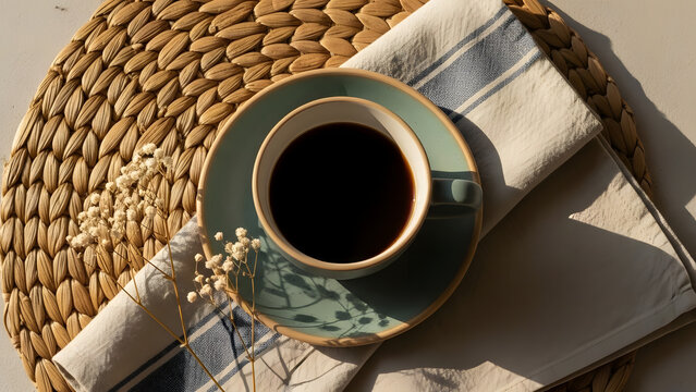 Cozy morning coffee served in a stylish mug on a woven placemat with delicate dried flowers.