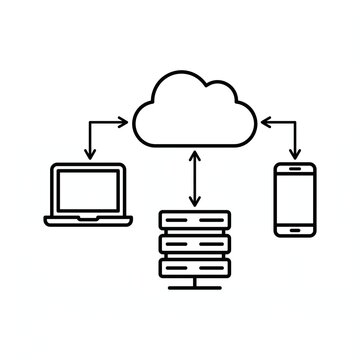  cloud connected to a laptop, smartphone, and server, representing cloud storage, saas, and remote work. Outline stroke, white background, flat design