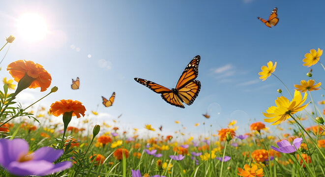 Vibrant butterflies flutter gracefully over a sun-drenched meadow bursting with colorful wildflowers.