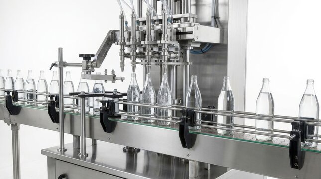 Automated glass bottle filling line in factory.
