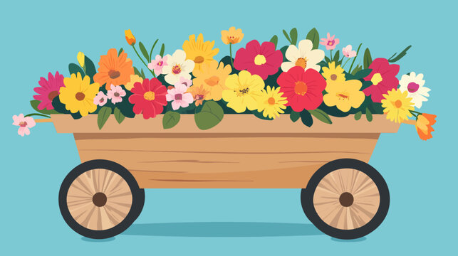 A vibrant, cartoon illustration of a wooden cart overflowing with a colorful collection of flowers