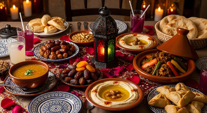 Abundant Iftar table laden with delicious Middle Eastern dishes and dates, illuminated by warm candlelight.