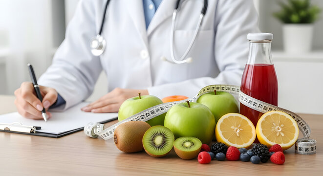 Nutritionist consulting patient, surrounded by healthy fruits and measuring tape for diet plan