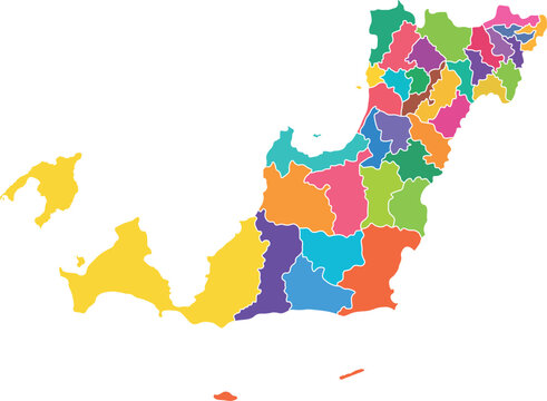 Colored map of Pandeglang Regency showing the division of sub-districts.