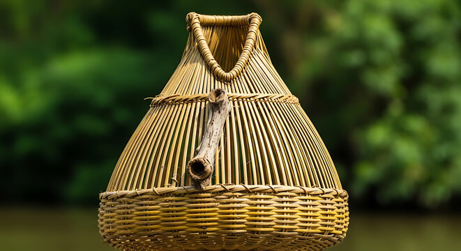 Rustic woven bamboo fish trap, an intricate traditional tool for sustainable fishing in nature