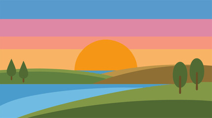 Fototapeta premium Stylized minimalist landscape with sunset, hills, river, and trees