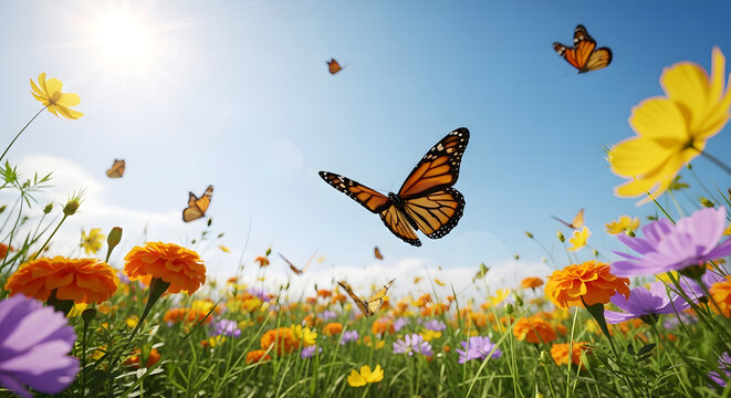 Vibrant meadow bursts with colorful flowers and butterflies under a bright sunny sky