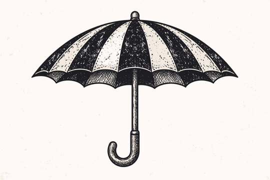 Vintage hand drawn umbrella illustration with black and white stripes and distressed texture, classic parasol sketch for retro design, weather protection symbol, isolated on textured background.