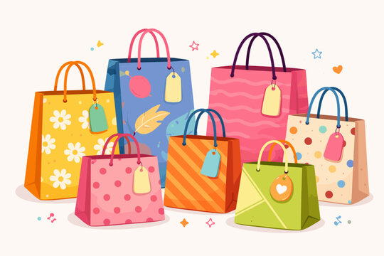 Vector Illustration of a Collection of Colorful Shopping Bags with Various Patterns including Polka Dots, Stripes, and Flowers, Featuring Gift Tags for Retail, Fashion, and E-commerce Sales.