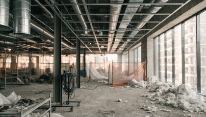 Naklejka premium Partially constructed office space in medium shot showcasing an open ceiling grid and steel columns with blurred architectural window lines for an unfinished professional setting.