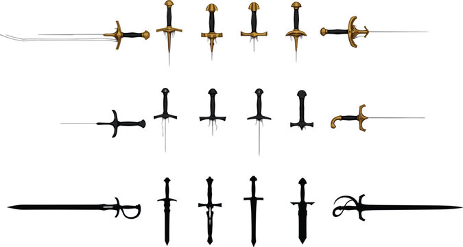 Medieval Fantasy Sword and Dagger Icon Set Featuring Golden Hilt Rapiers Knightly Longswords and Dark Silhouettes for Role Playing Game Combat and Historical Weaponry Graphic Design