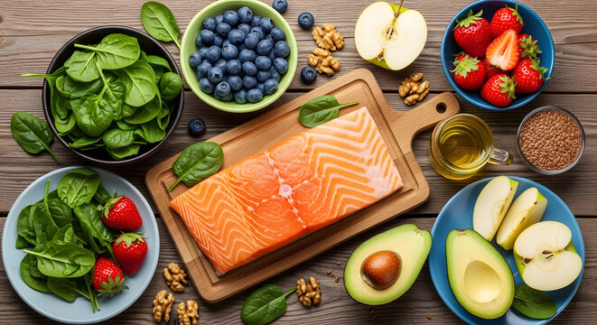 Fresh ingredients for a healthy salmon meal, including avocado, berries, and greens.