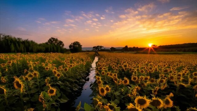 Sunflowers in a field with a water channel, under an orange and blue sunset sky