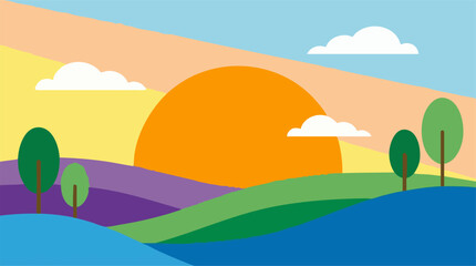 Fototapeta premium Vibrant graphic illustration of a minimalist landscape with sun and hills