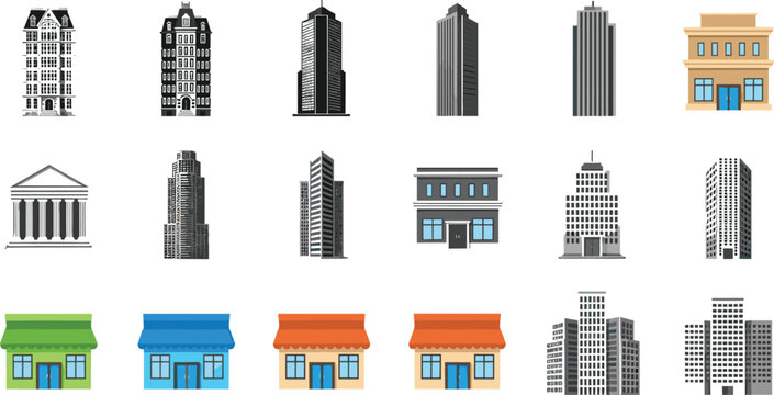 Modern City Building and Real Estate Icon Set Featuring Skyscraper Apartments Office Towers Classical Government Architecture and Colorful Retail Shop Fronts for Urban Graphic Design