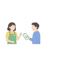 Fototapeta premium Mobile payment interaction between customer and cashier flat vector illustration