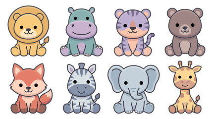 Obraz premium Collection of cute cartoon safari and woodland baby animals including lion hippo tiger bear fox zebra elephant and giraffe, concept for nursery decor, children education and sticker design