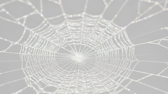 Spiderweb detailed, with water droplets against a soft grey background, focal point centered