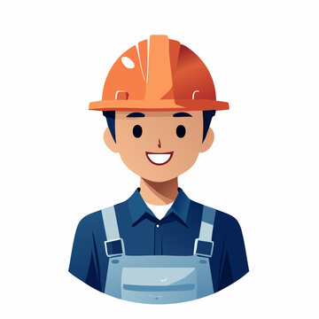 ヘルメットを被って笑顔の男性作業員のフラットイラスト（アップ）