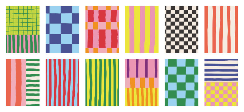 Fabric pattern collection vector set with bold stripes, polka dots, checks, plaids, vintage florals and geometric shapes. Colorful retro design for wall art, textiles, apparel and packaging.