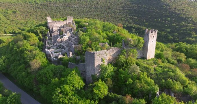 Aerial view of Dvigrad medieval castle ruins in Istria, Croatia