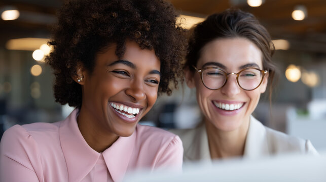 Faceless team lead and employee laughing together over a shared screen, representing authentic connection and positive leadership, natural office lighting, happiness, work-life cul