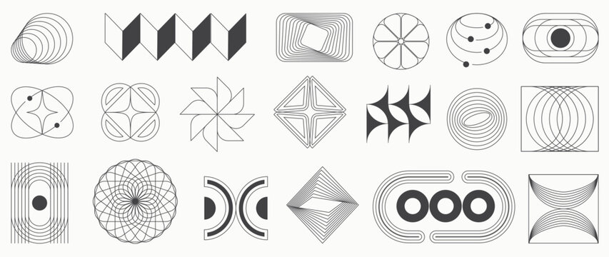 Hand drawn abstract minimal element mid century vector set. Aesthetic contemporary stripe line art, geometric shape in monochrome. Art form design for wall art, decoration, wallpaper.	