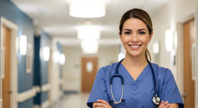 Smiling nurse with stethoscope in hospital corridor