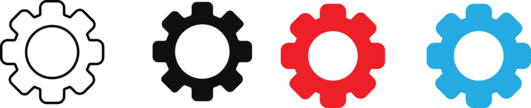 Gear settings icons set with outline solid black red blue cogwheel symbols for technology engineering isolated on transparent background.