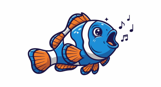 A cartoon clownfish with its mouth open, singing with musical notes