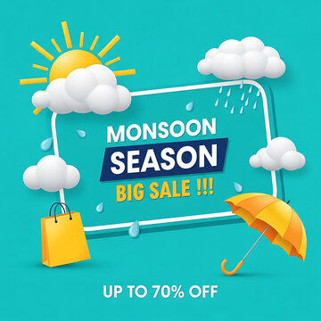 Vibrant monsoon season big sale advertisement featuring sunny and rainy weather elements