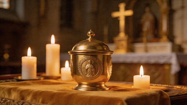 pyx. Golden pyx on church altar illuminated by warm candlelight, shallow depth of field. event programs, museum guides, designed for cultural heritage projects and event programs.