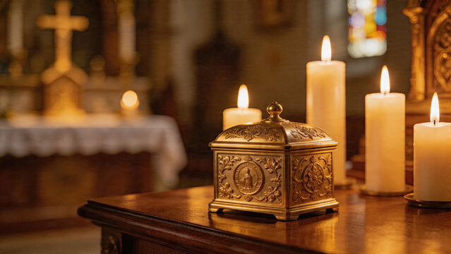pyx. Golden pyx on church altar illuminated by warm candlelight, shallow depth of field. event programs, museum guides, designed for cultural heritage projects and event programs.