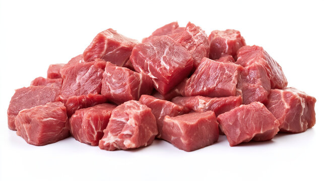 A pile of raw red meat cut into small cubes on a white background